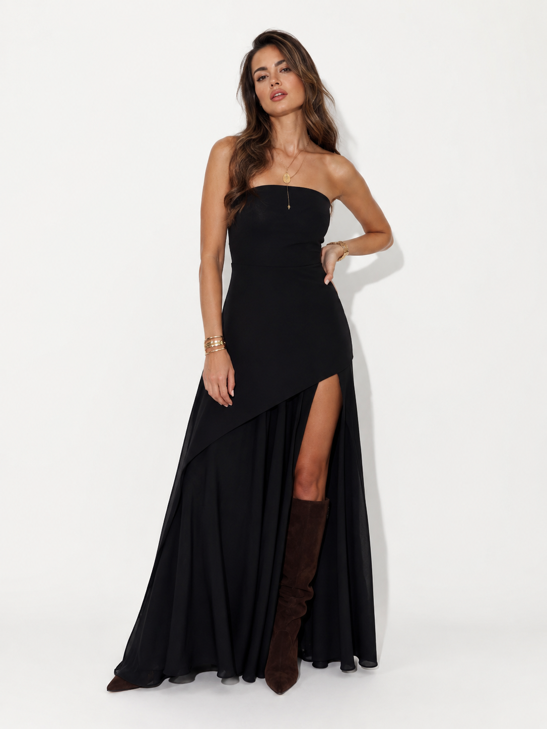 Strapless dress with asymmetric overlay