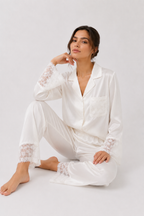 Satin-look pyjama set with button-through shirt and lace-trim trousers