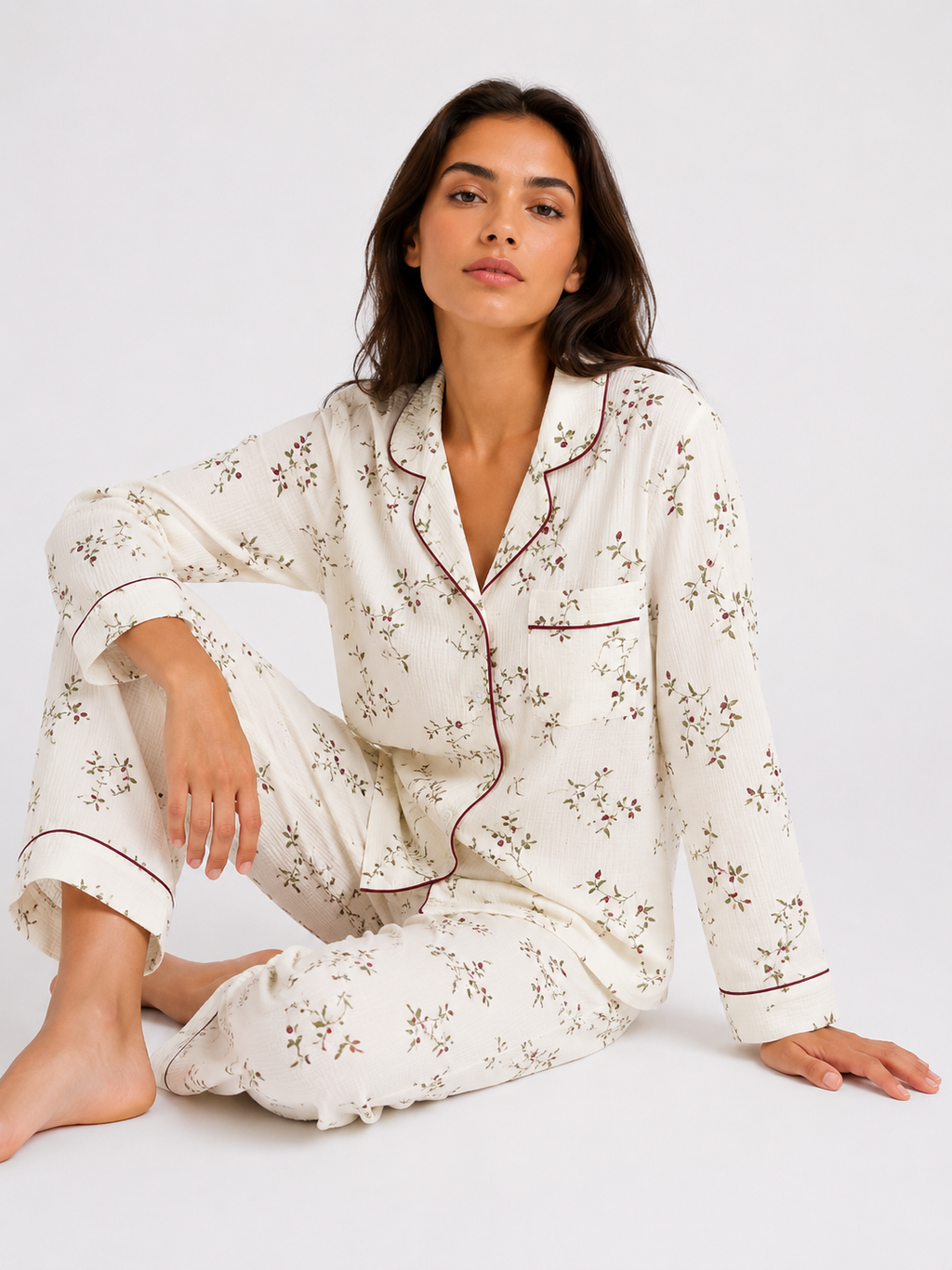 Women’s Pyjama Set – 100% Cotton Crêpe, Long Sleeve Cardigan Top & Trousers.