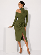 High-Neck Draped Midi Dress