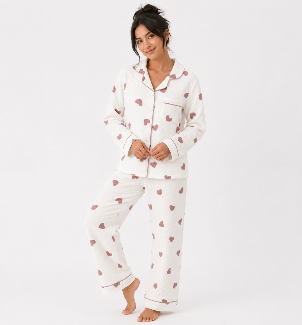 Women’s Cotton Pyjama Set – Long Sleeve Button-Through Top & Full-Length Trousers [PRODUTO PRECISA SER REFEITO]