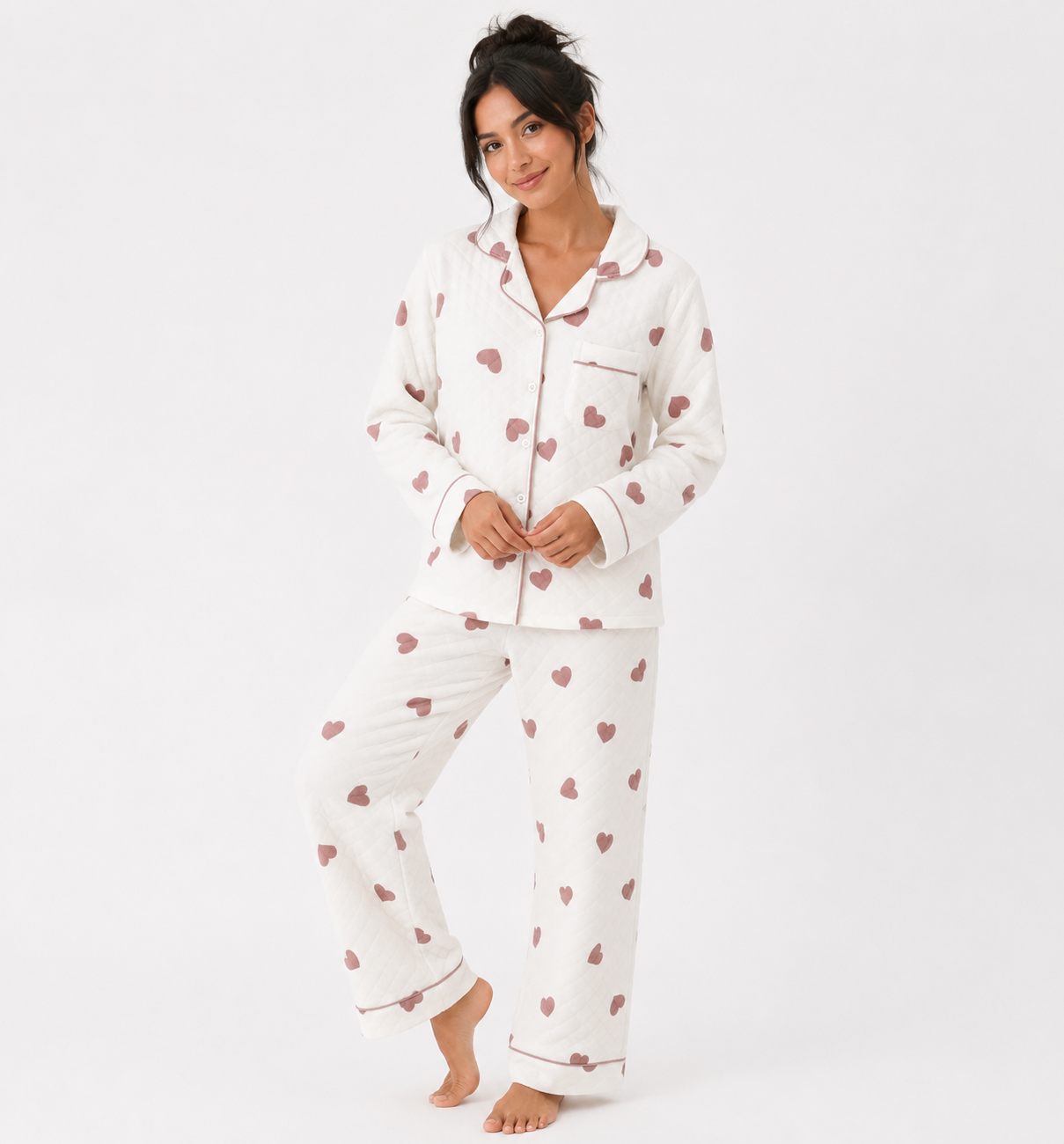 Women’s Cotton Pyjama Set – Long Sleeve Button-Through Top & Full-Length Trousers [PRODUTO PRECISA SER REFEITO]