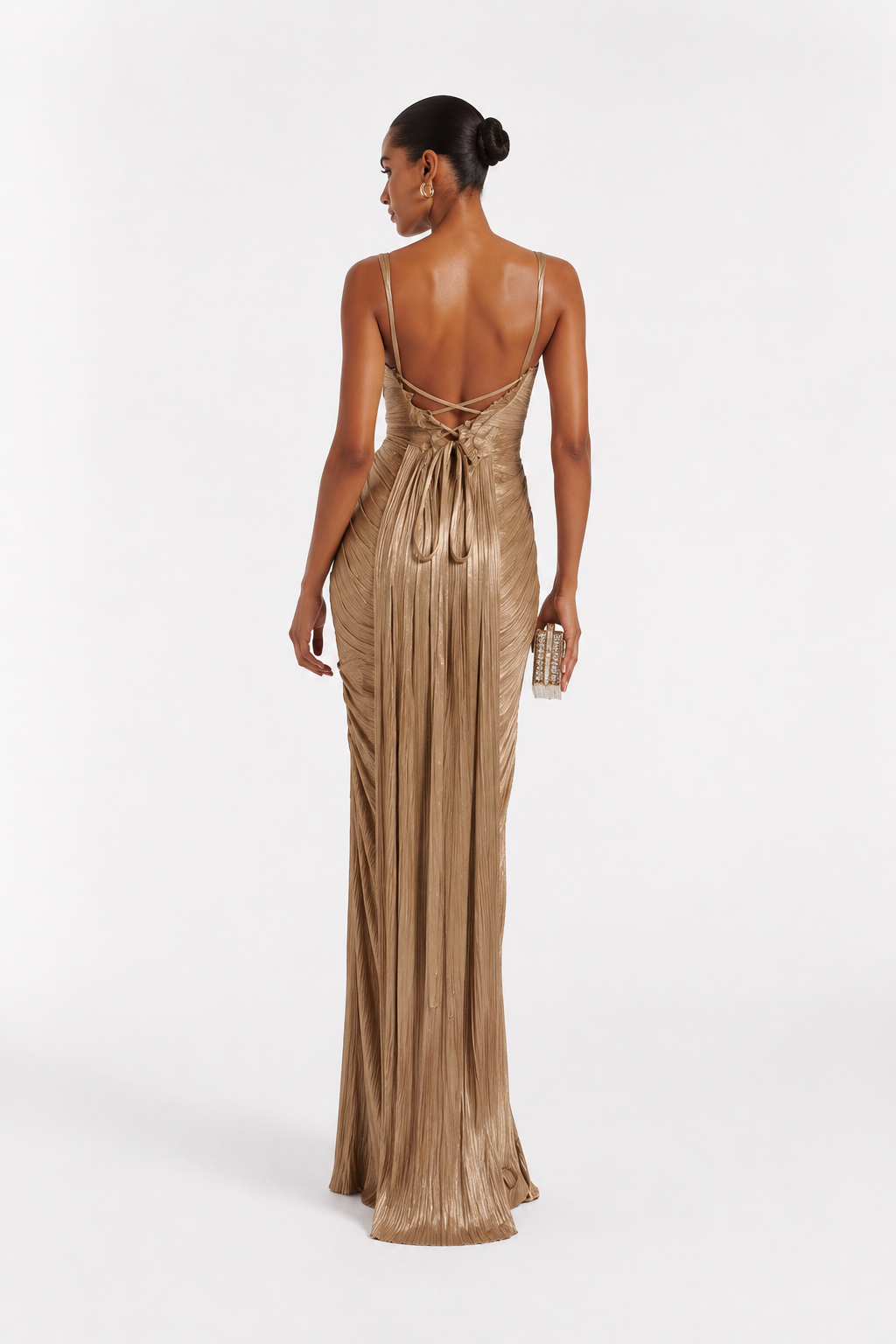 Metallic Corset-Bodice Draped Maxi Dress