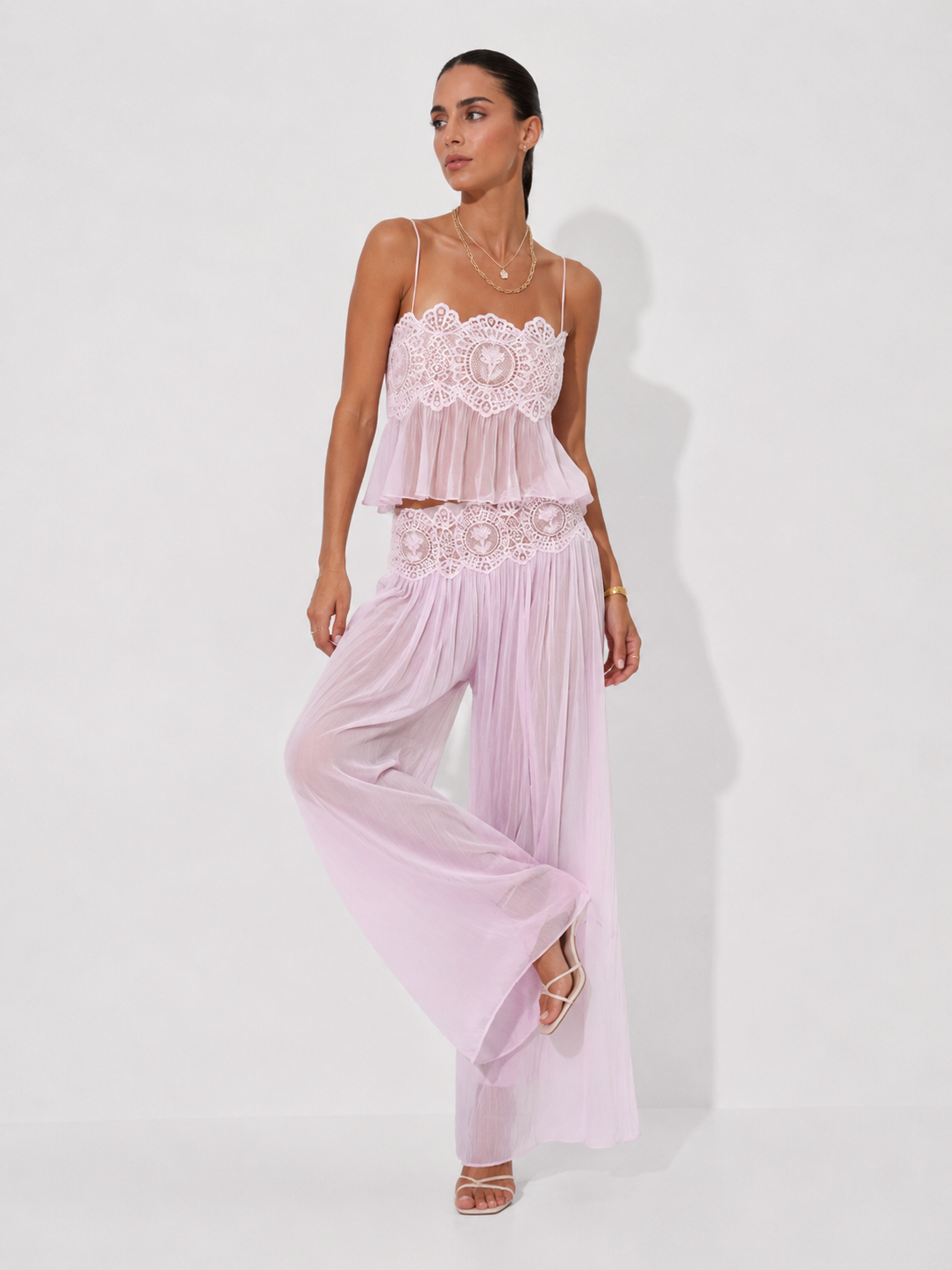 Lace-Trimmed Pleated Chiffon Cami Top and Wide-Leg Trousers Two-Piece Set