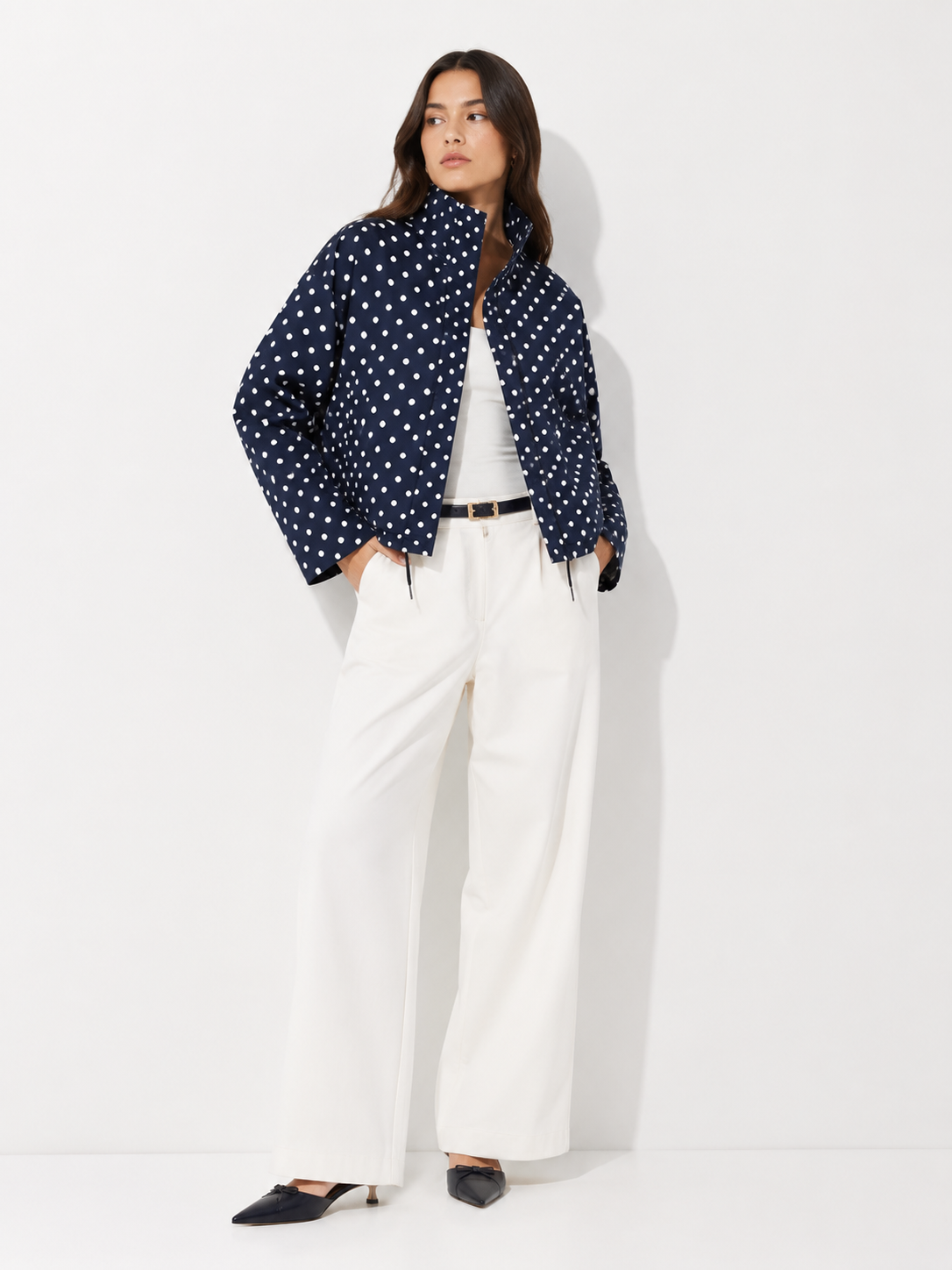 High-Neck Cropped Bomber Jacket with Adjustable Drawstring