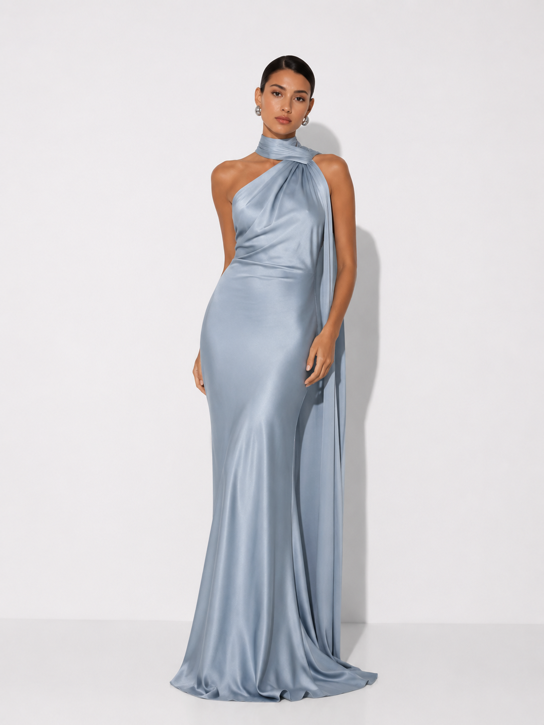 Draped halter dress with train