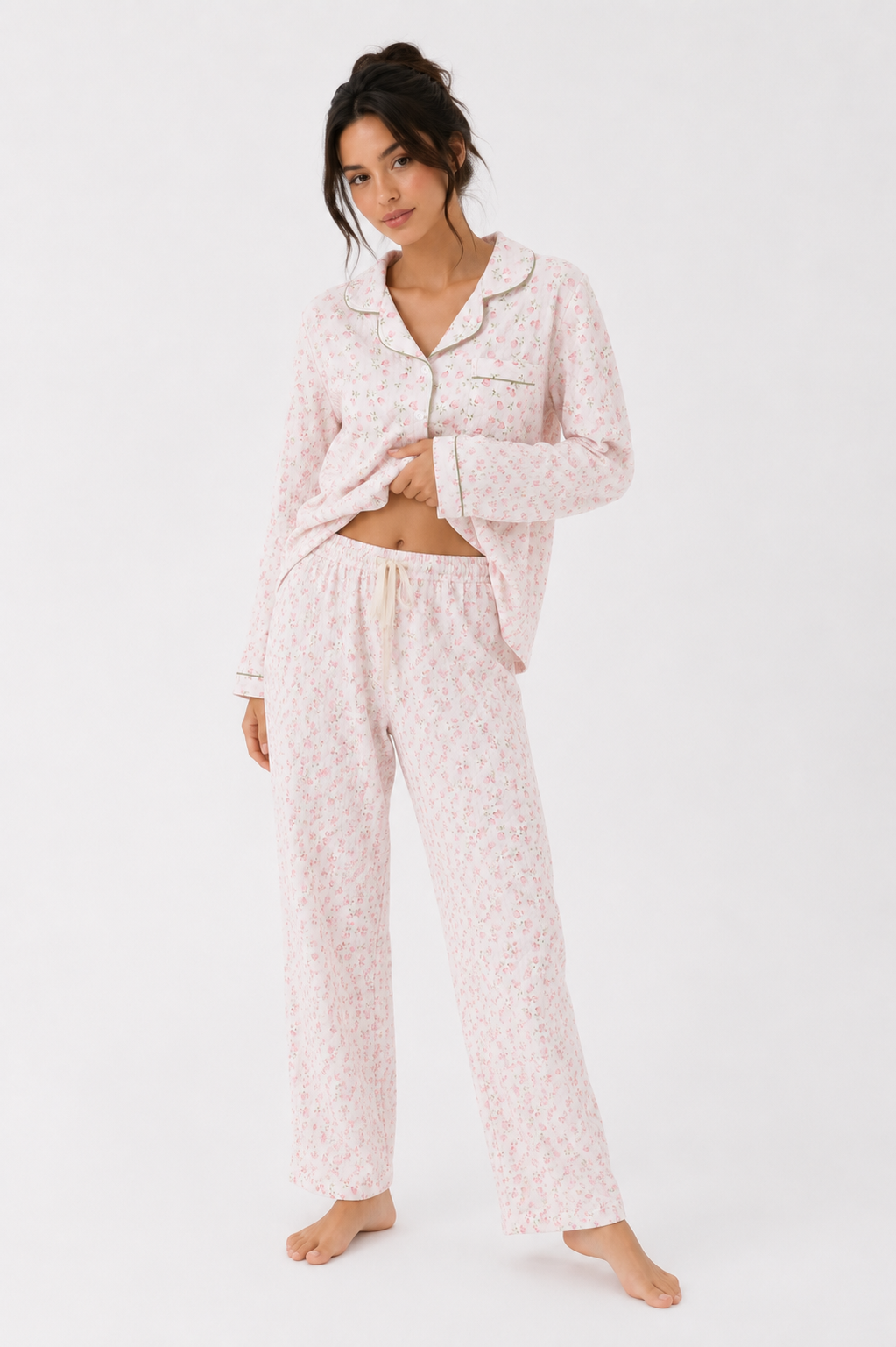 Women’s Cotton Pyjama Set – Long Sleeve Button-Through Top & Full-Length Trousers [PRODUTO PRECISA SER REFEITO]