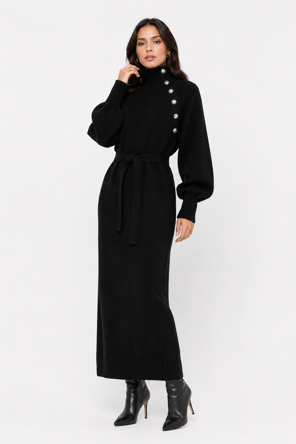 Eleanor Midi Dress (High Neck + Tie Belt)