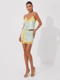 Lace-Trimmed Sequined Camisole Top and Mini Skirt Two-Piece Set