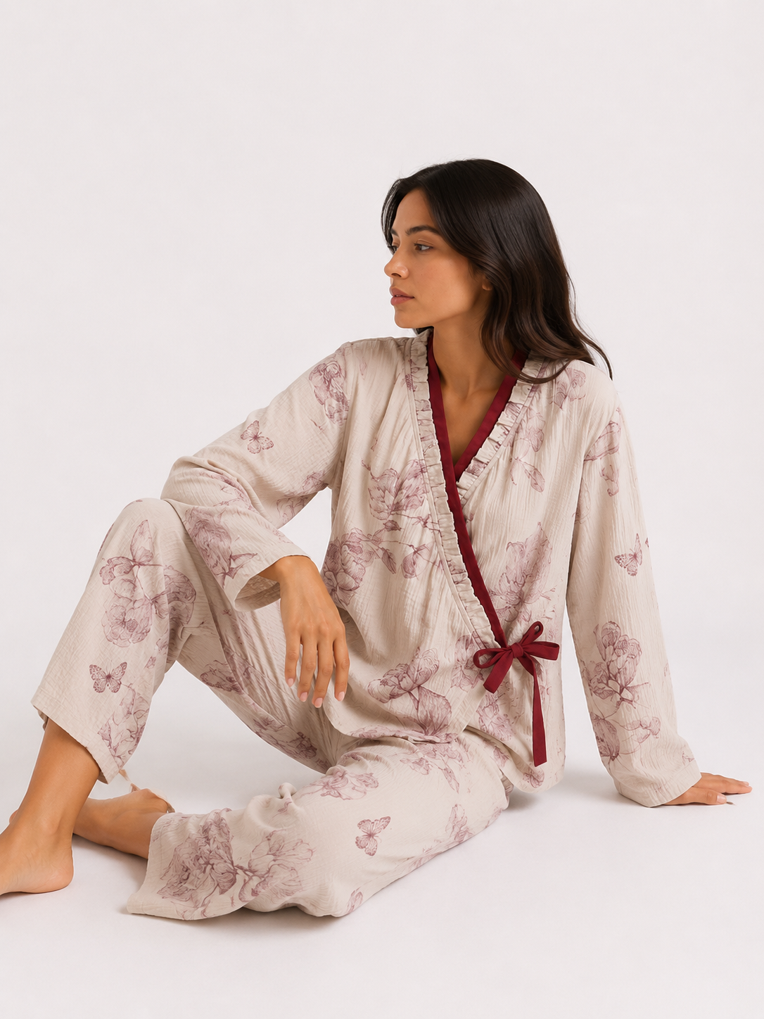 Women’s Wrap Pyjama Set – Kimono-Style Top & Full-Length Trousers