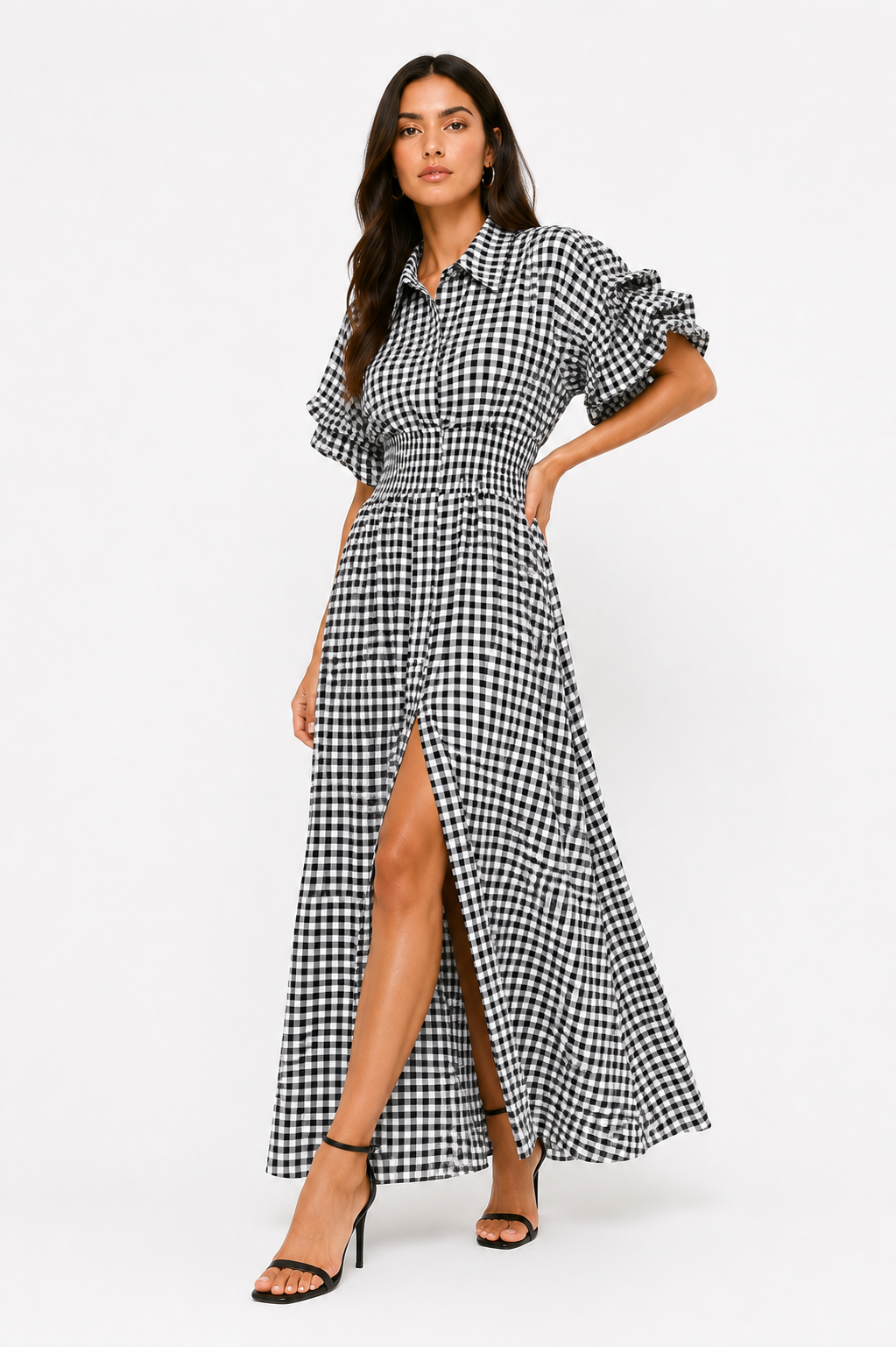 Vivienne Gingham Midi Dress (High Slit)