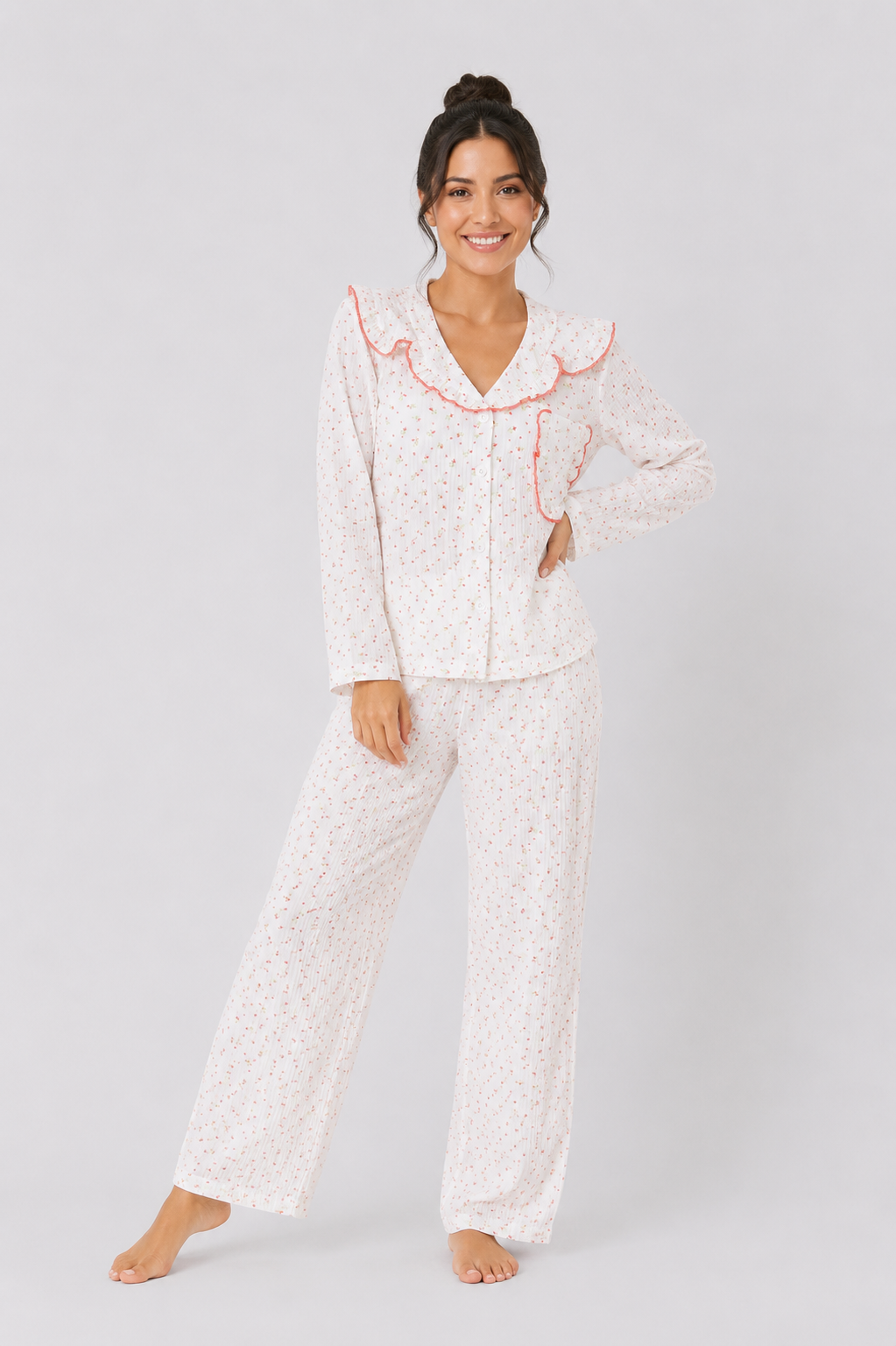 Button-through pyjama set with long-sleeve shirt and straight-leg trousers