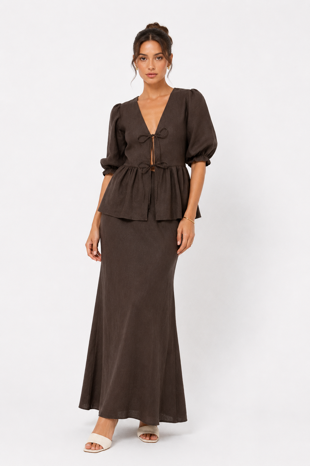 Ruffle Sleeve Blouse and Flowing Maxi Skirt Co-Ord Set