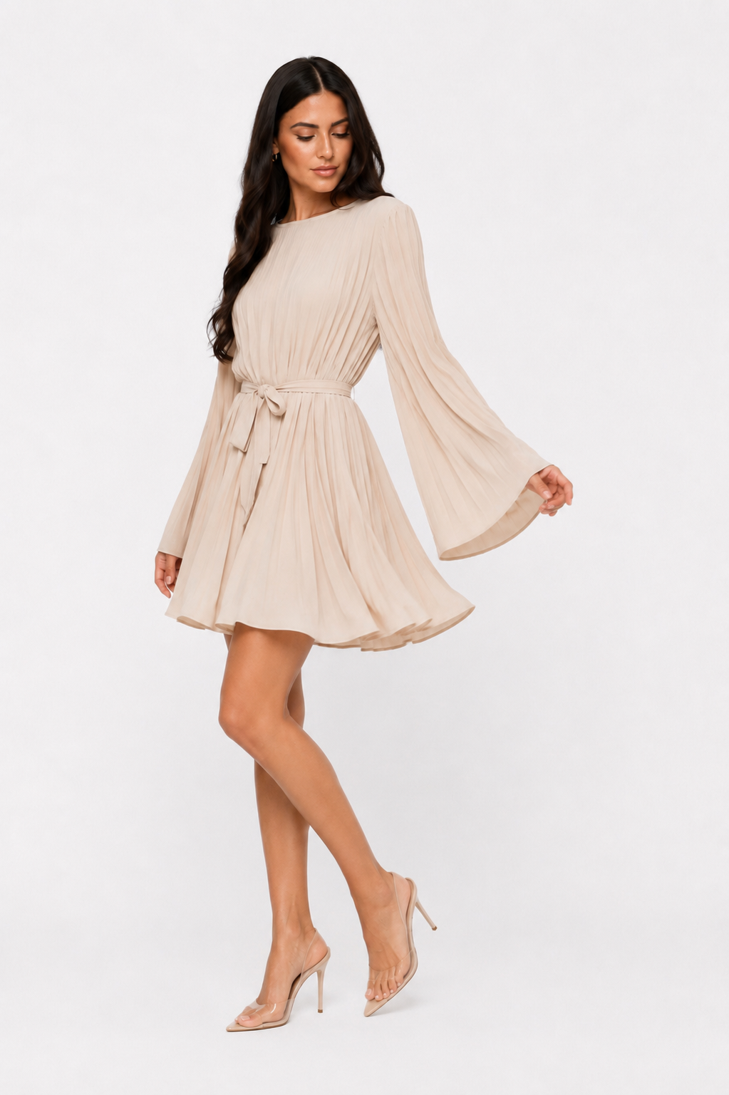 Pleated Mini Dress with Cape Sleeves