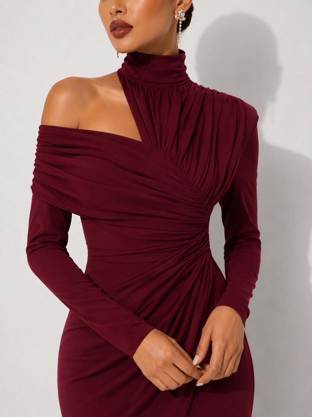 High-Neck Draped Midi Dress