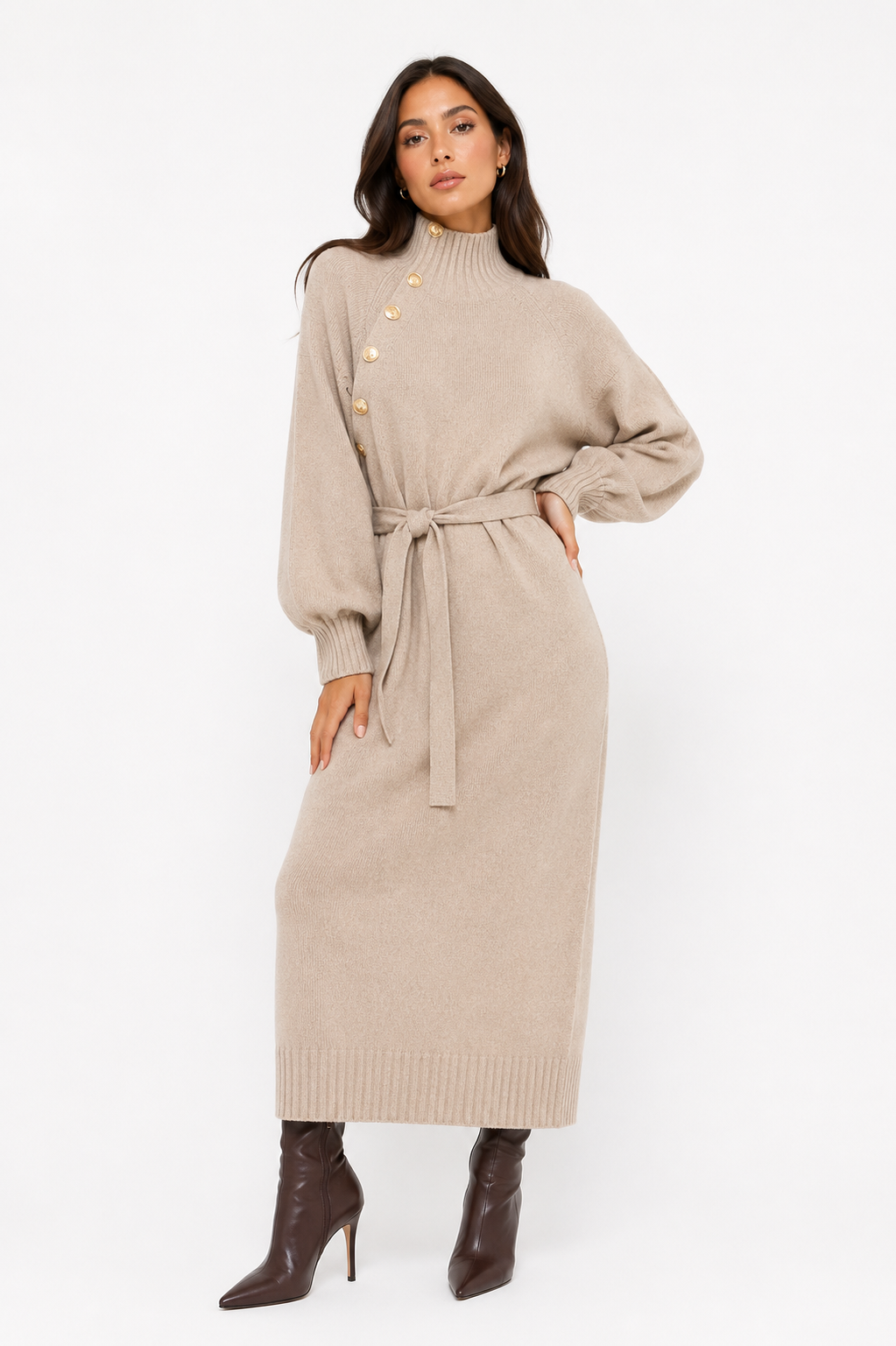 Eleanor Midi Dress (High Neck + Tie Belt)