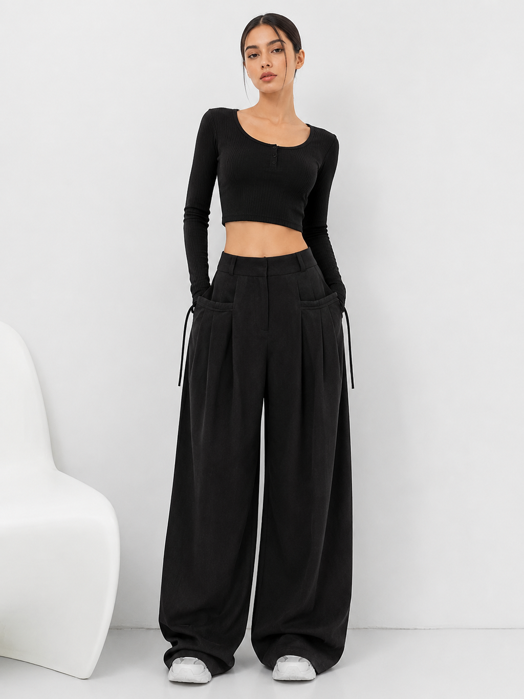 Shirring Casual Wide Leg Pants Women High Waist Street Basic Loose Sweat Trousers Korean Retro Gray Office Y2K Lady Pants