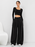 Shirring Casual Wide Leg Pants Women High Waist Street Basic Loose Sweat Trousers Korean Retro Gray Office Y2K Lady Pants