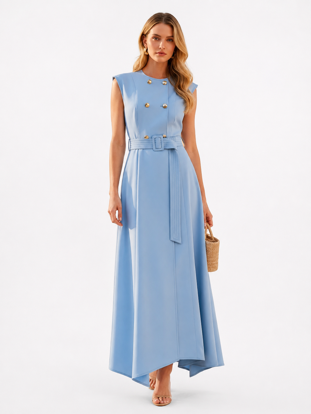 Double-Breasted Trench-Inspired Maxi Dress with Structured Shoulder Caps