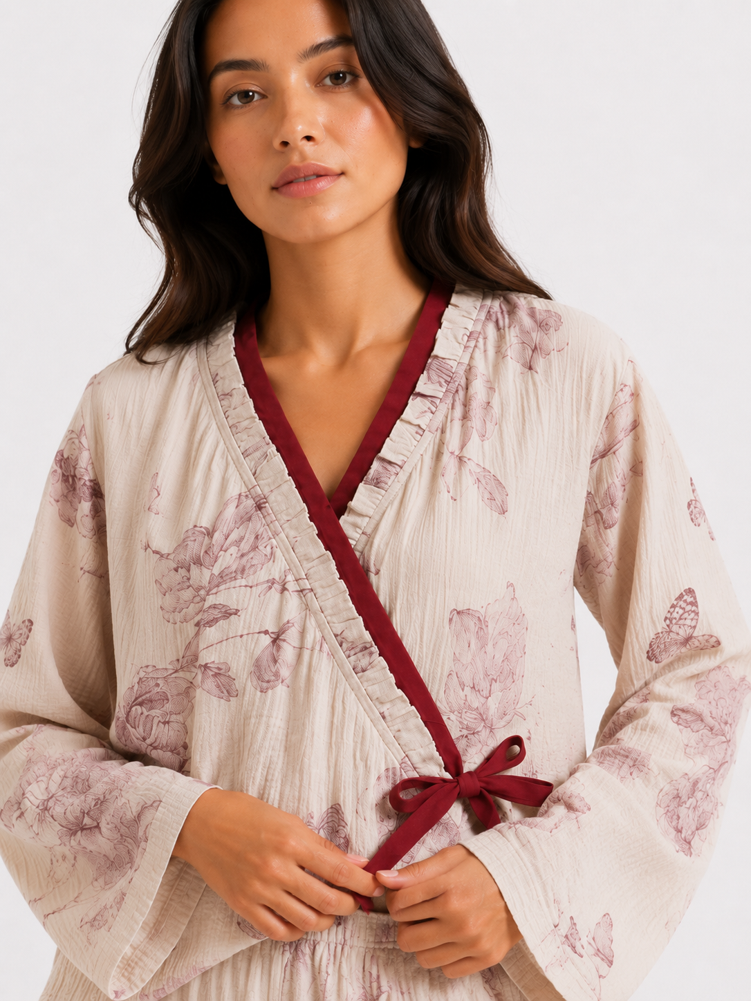 Women’s Wrap Pyjama Set – Kimono-Style Top & Full-Length Trousers