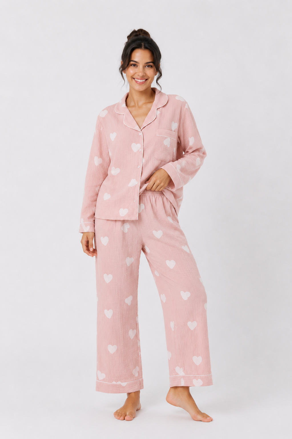 Button-through pyjama set with long-sleeve shirt and straight-leg trousers