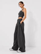 Shirring Casual Wide Leg Pants Women High Waist Street Basic Loose Sweat Trousers Korean Retro Gray Office Y2K Lady Pants