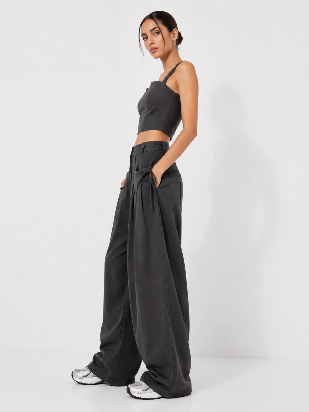 Shirring Casual Wide Leg Pants Women High Waist Street Basic Loose Sweat Trousers Korean Retro Gray Office Y2K Lady Pants