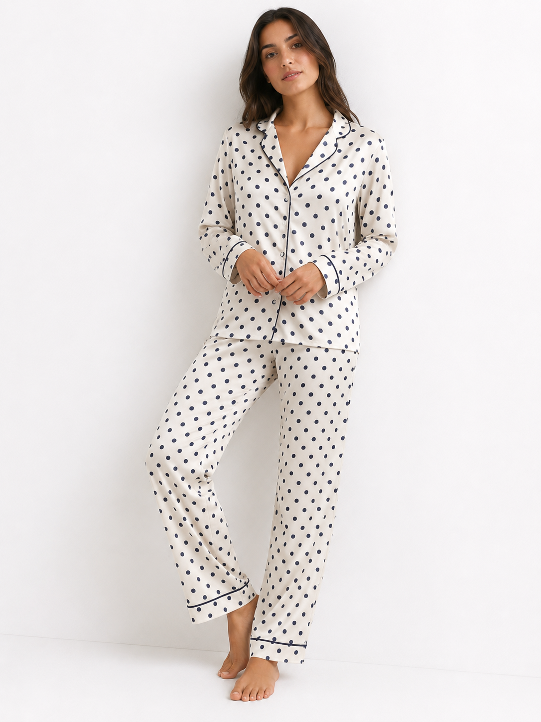 Women’s Printed Pyjama Set – Button-Through Long Sleeve Top & Wide-Leg Trousers