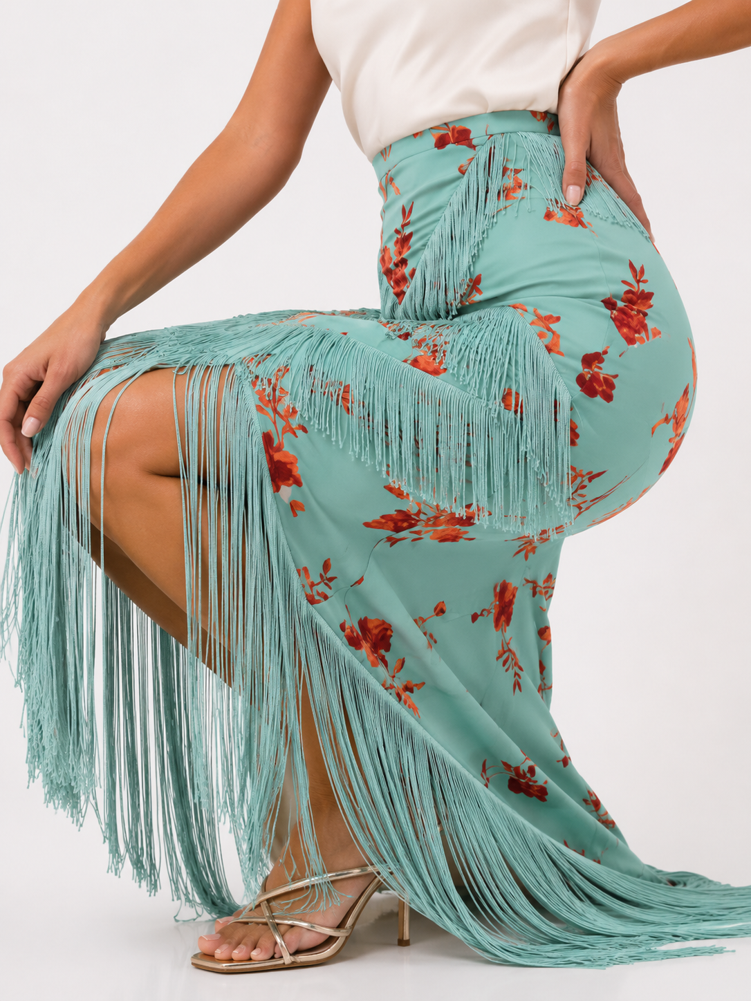 Vintage Printed Tassel Skirt Set Ruffle V Neck Sleeveless Backless Top Skirts Summer Women's Suit New Evening Elegant Outfit