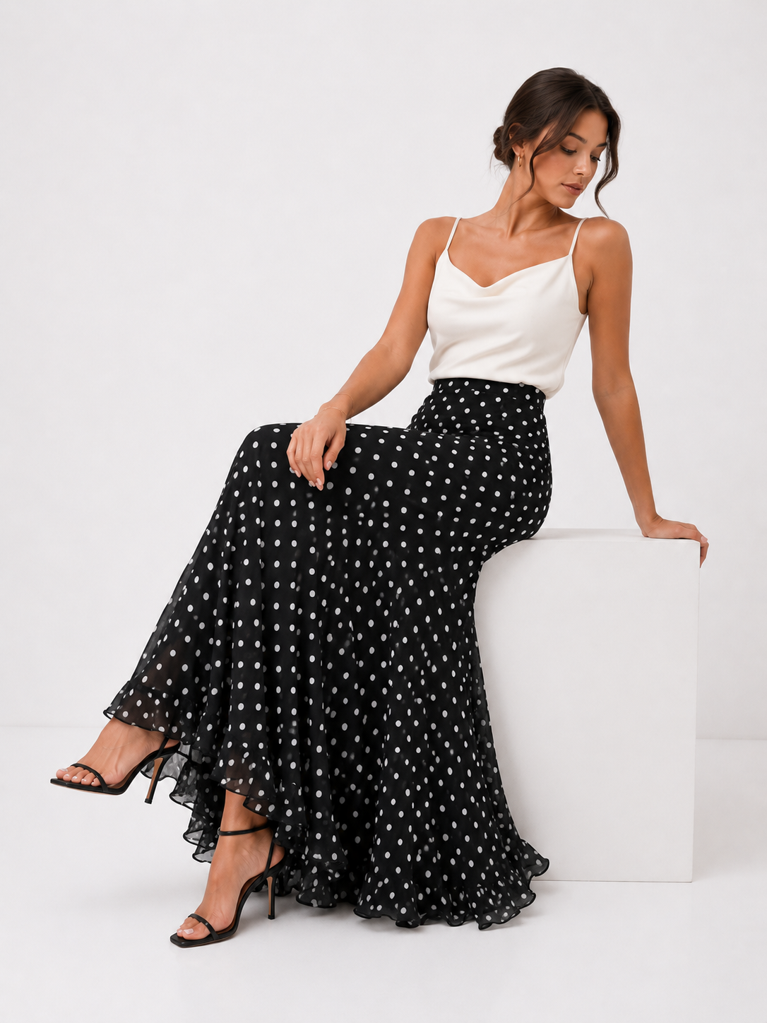 Polka Dot Women ‘s Skirt Elegant High Waist Ruched Ruffle Hem Mermaid Long Skirt Female  2026 Summer Casual Party Streetwears
