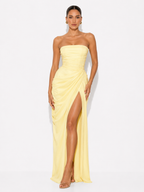 Strapless draped dress with high slit