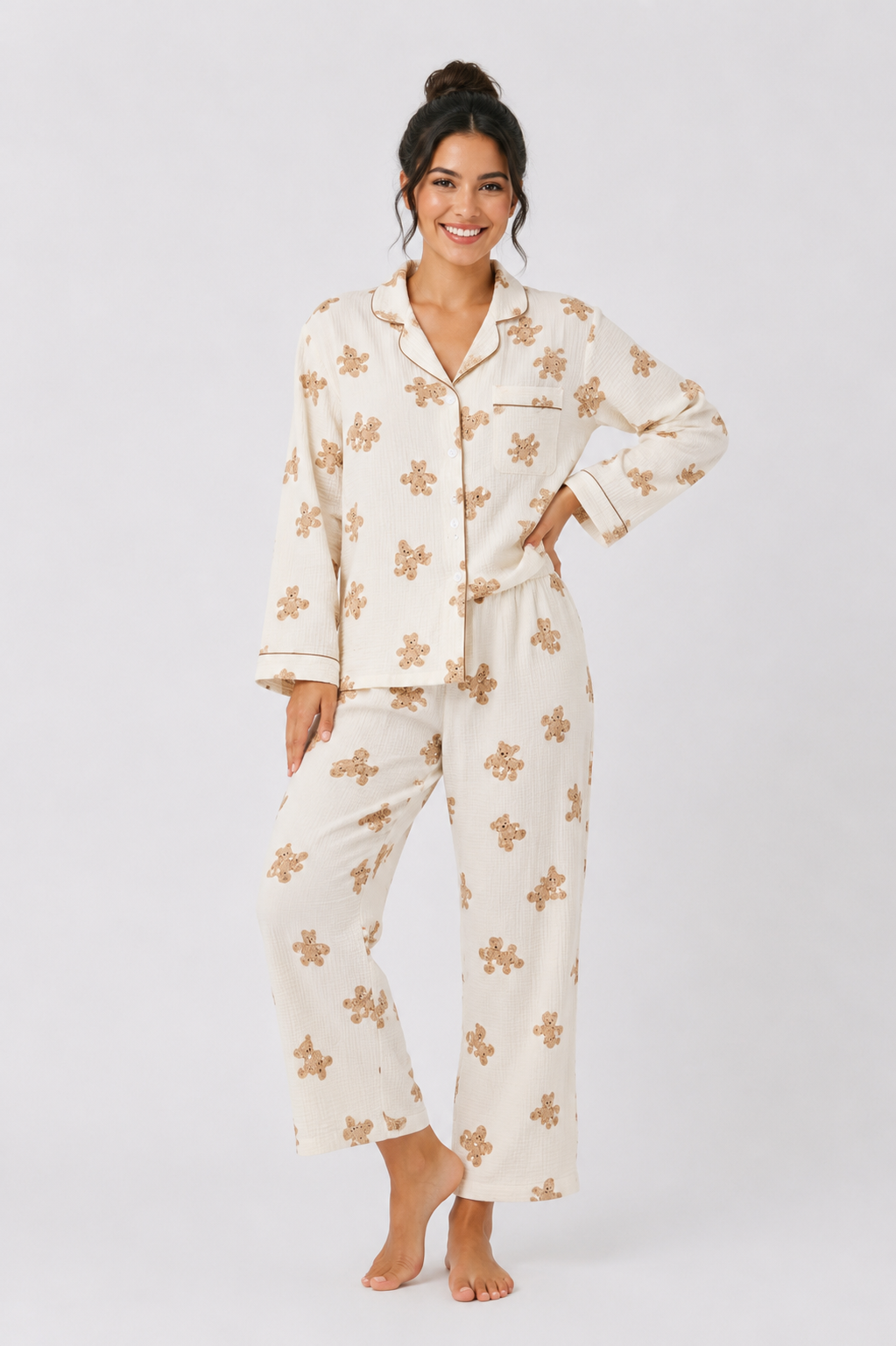 Button-through pyjama set with long-sleeve shirt and straight-leg trousers