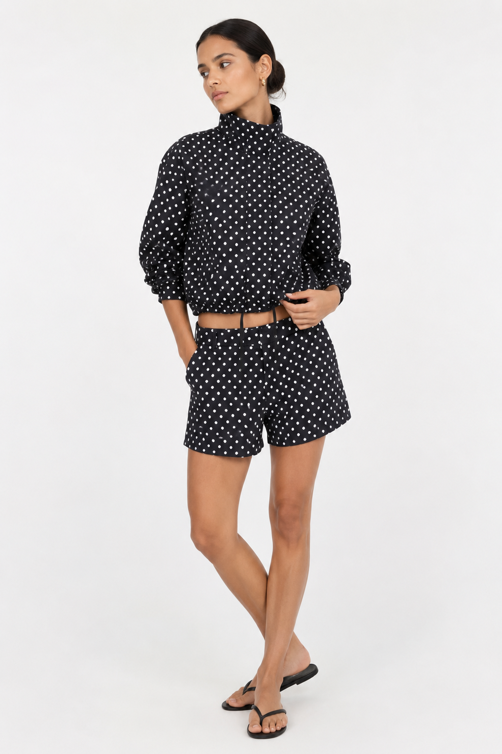 Printed Cropped High-Neck Jacket and Shorts Two-Piece Set