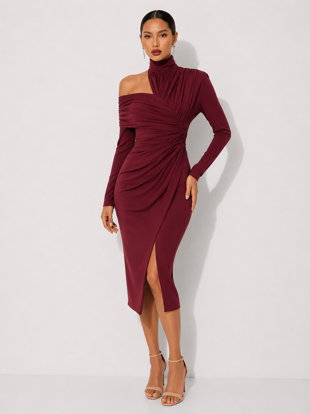 High-Neck Draped Midi Dress