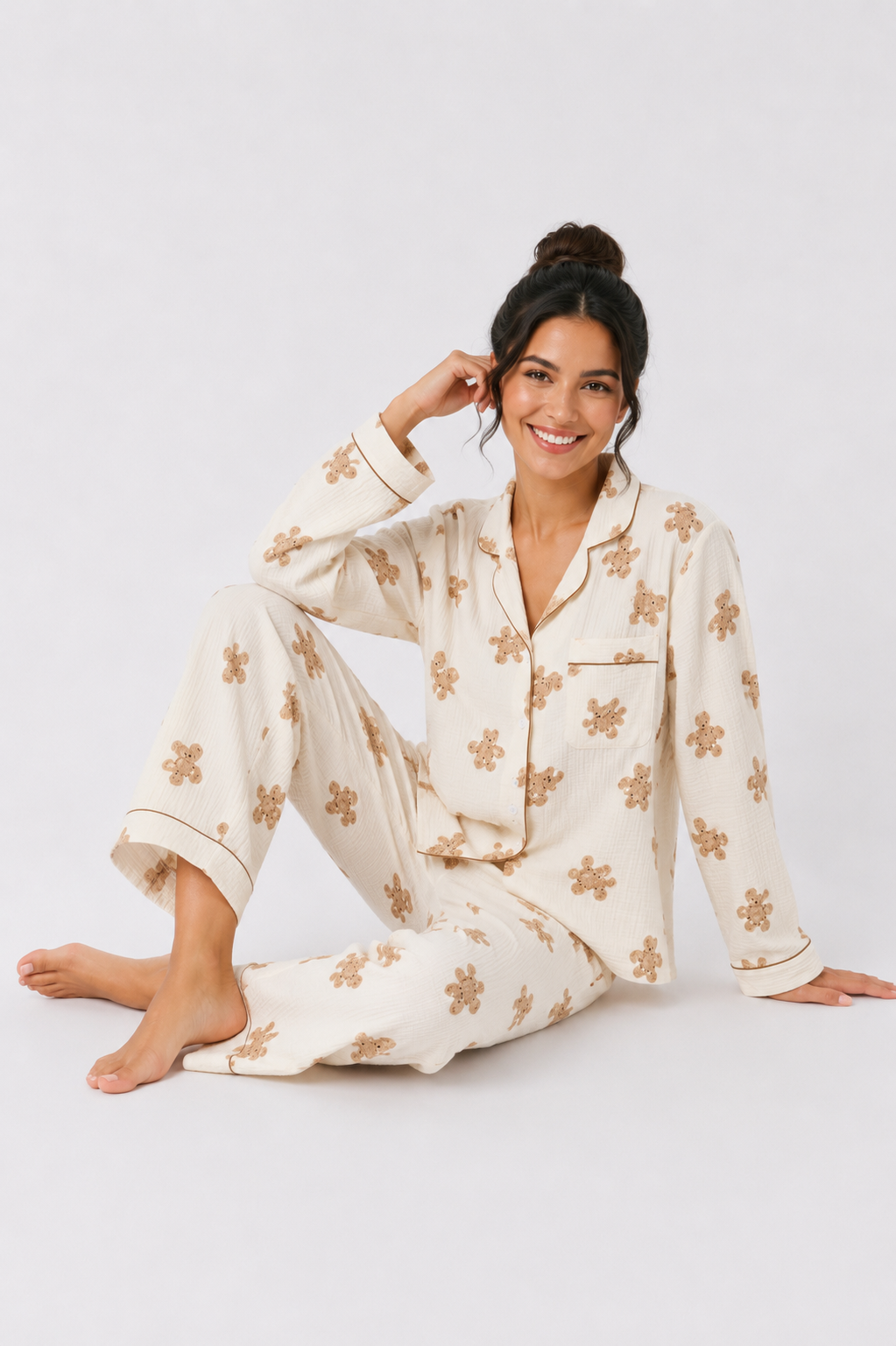 Button-through pyjama set with long-sleeve shirt and straight-leg trousers