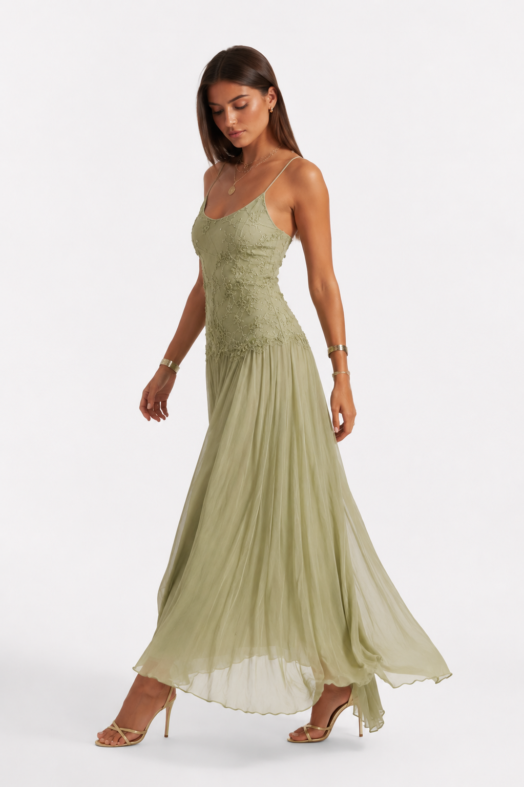 Embroidered Cami Maxi Dress with Pleated Drop Waist