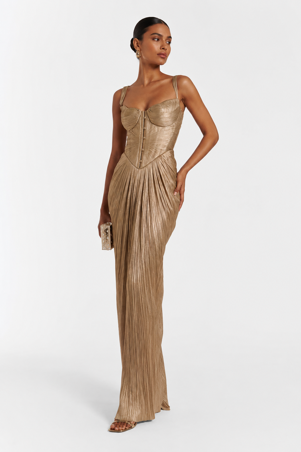 Metallic Corset-Bodice Draped Maxi Dress