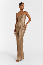 Metallic Corset-Bodice Draped Maxi Dress