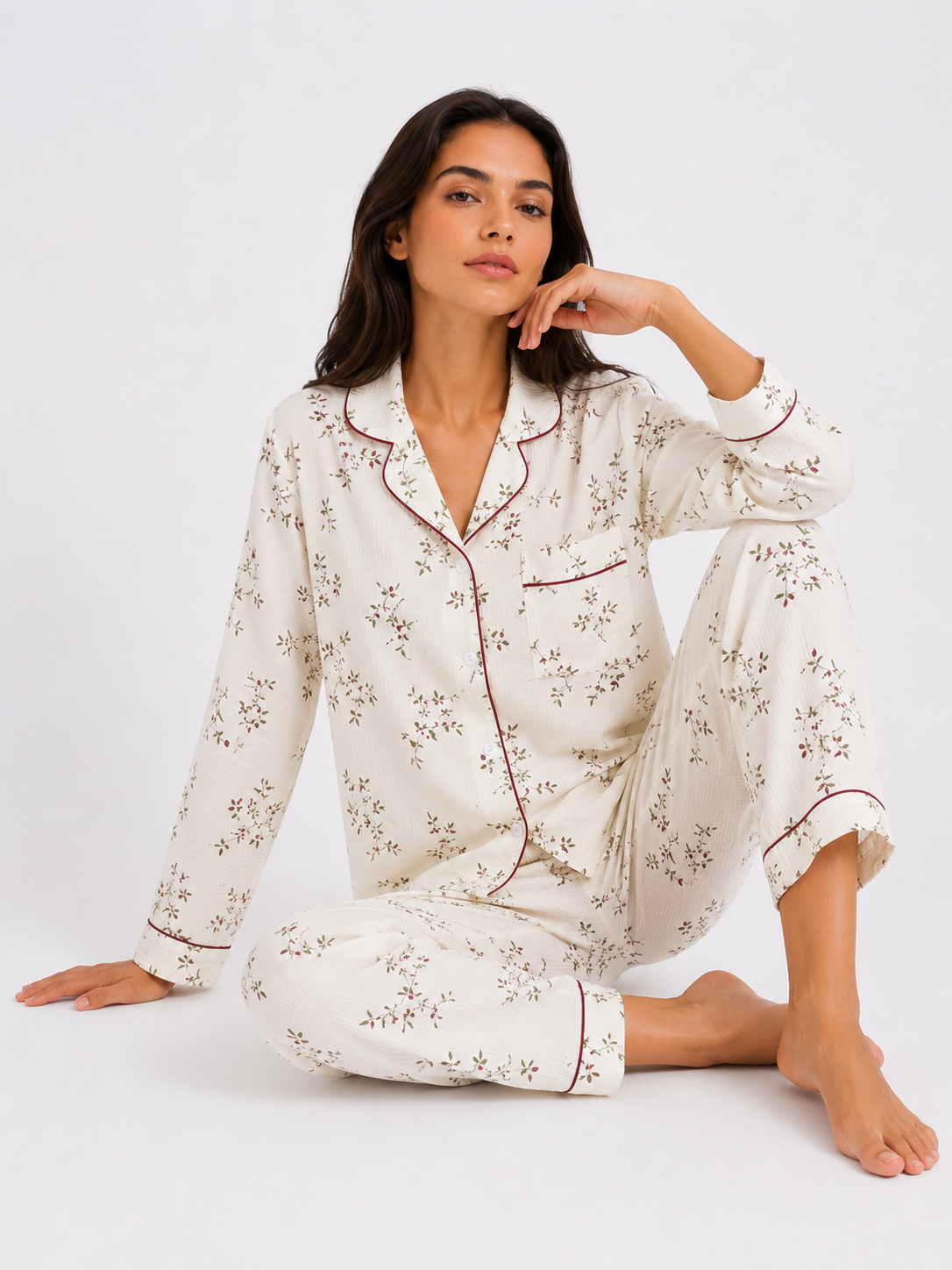 Women’s Pyjama Set – 100% Cotton Crêpe, Long Sleeve Cardigan Top & Trousers.