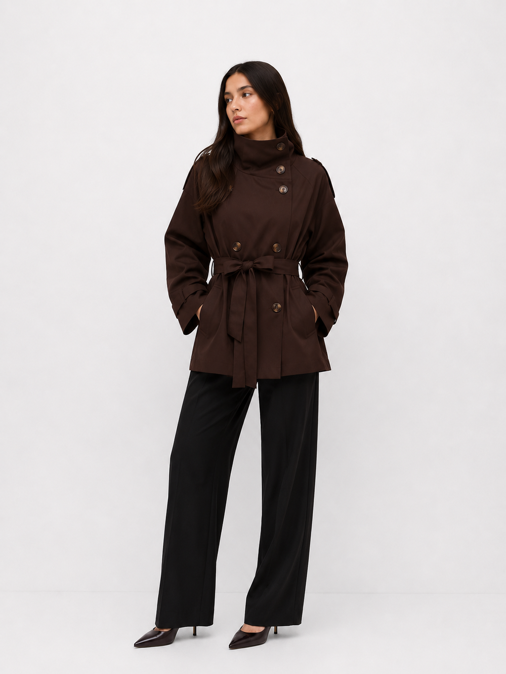 Cropped Funnel-Neck Trench Jacket