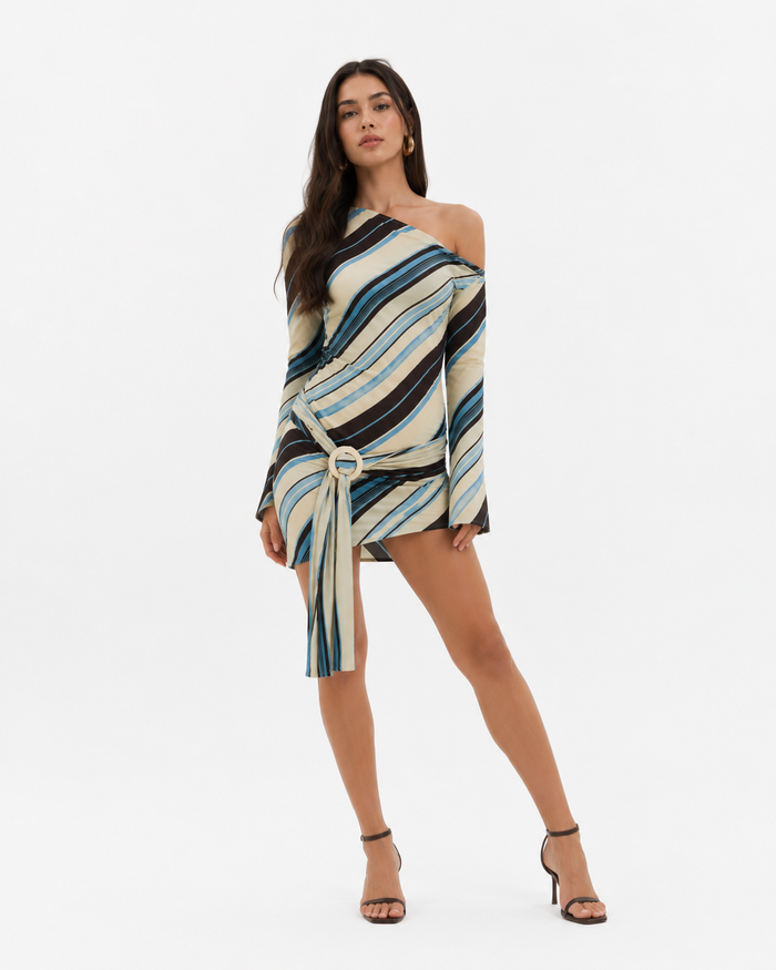 Striped tunic mini dress with side tie detail