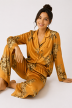 Women’s Satin-Feel Pyjama Set – Button-Through Long Sleeve Shirt & Full-Length Trousers
