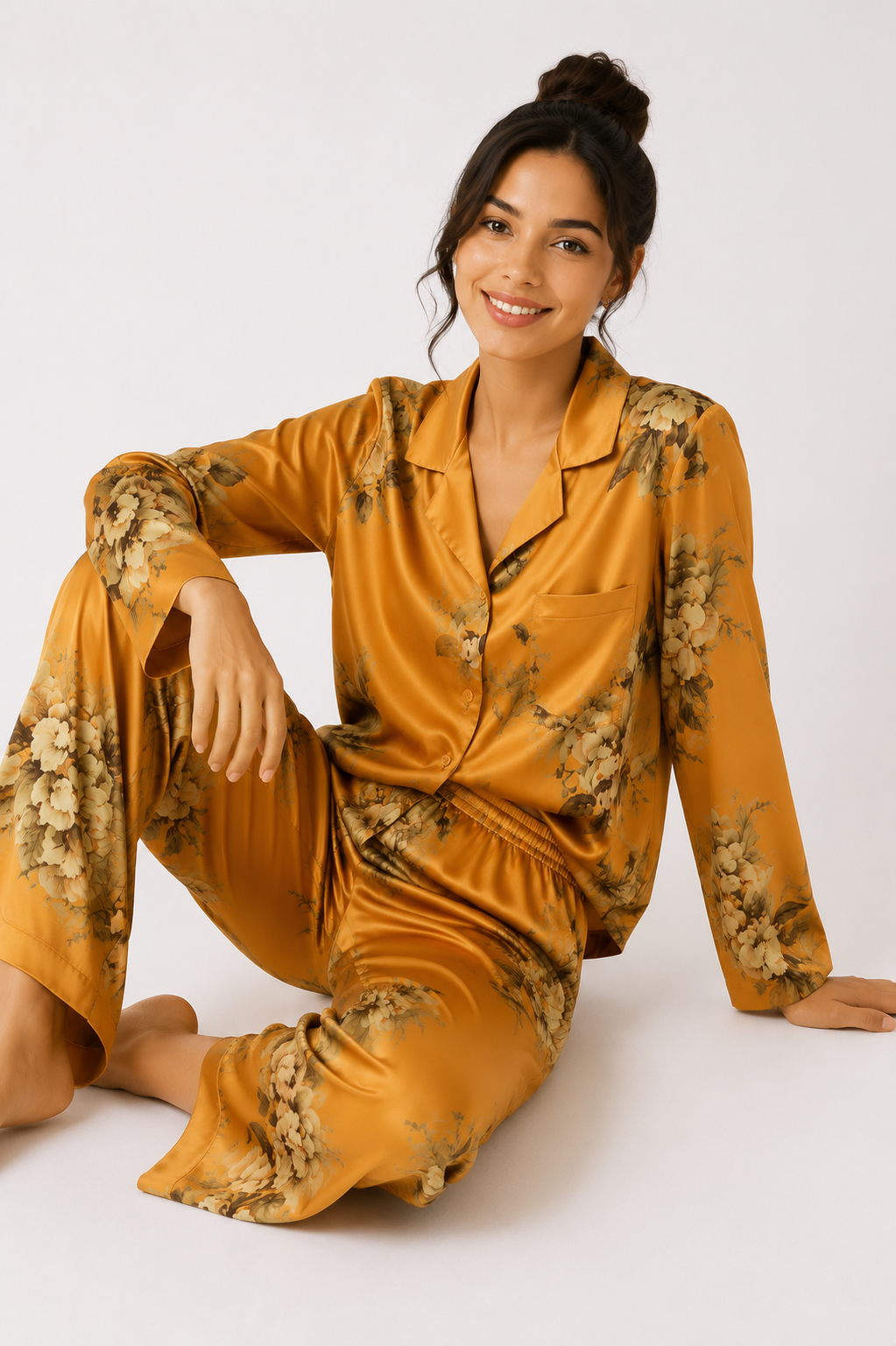 Women’s Satin-Feel Pyjama Set – Button-Through Long Sleeve Shirt & Full-Length Trousers
