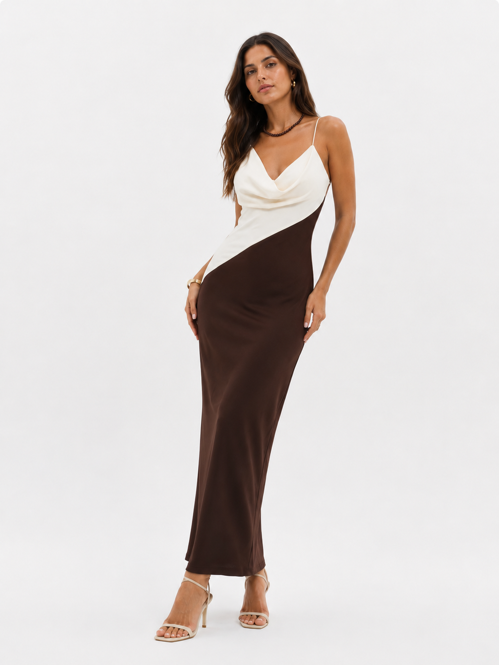 Two-tone V-neck midi dress with straight skirt