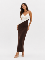 Two-tone V-neck midi dress with straight skirt