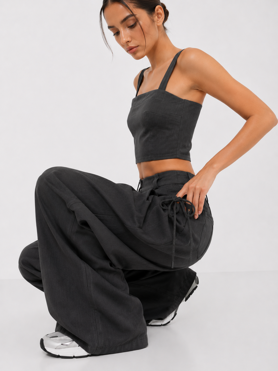 Shirring Casual Wide Leg Pants Women High Waist Street Basic Loose Sweat Trousers Korean Retro Gray Office Y2K Lady Pants