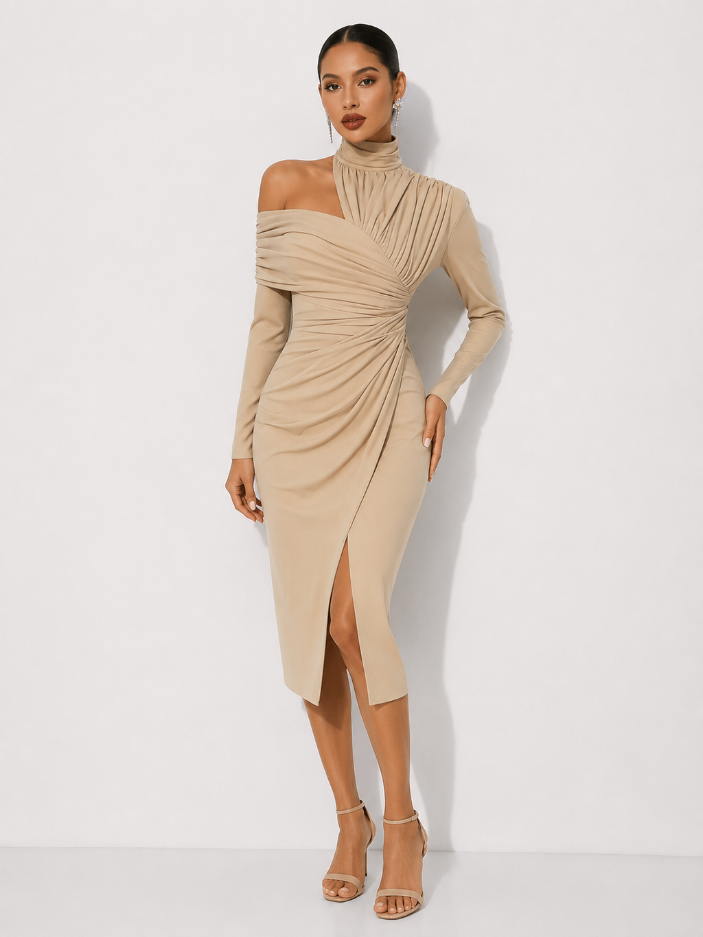 High-Neck Draped Midi Dress