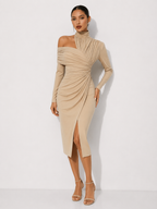 High-Neck Draped Midi Dress