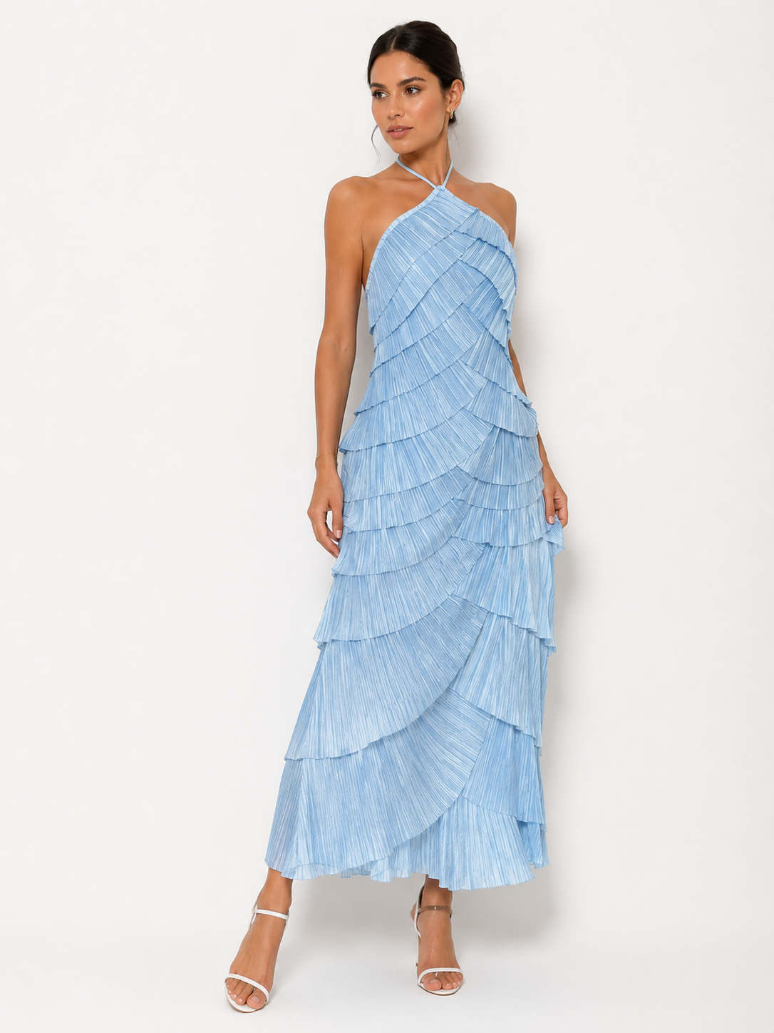 Pleated Tiered Halterneck Maxi Dress