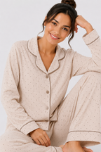 Button-through pyjama set with long-sleeve shirt and straight-leg trousers